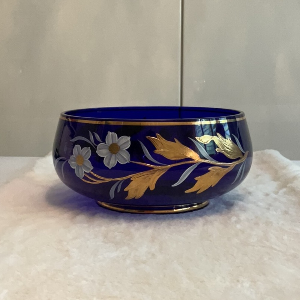 Blue Glass Bowl with Handpainted Design